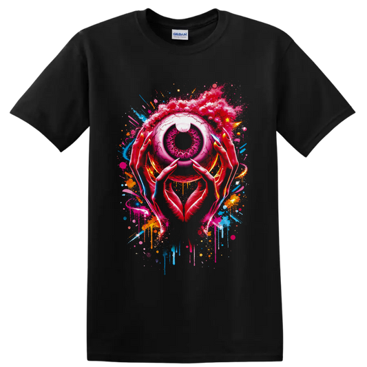 Surreal pink eye held by pointed hands with neon graffiti splatters and drips on a Black T Shirt