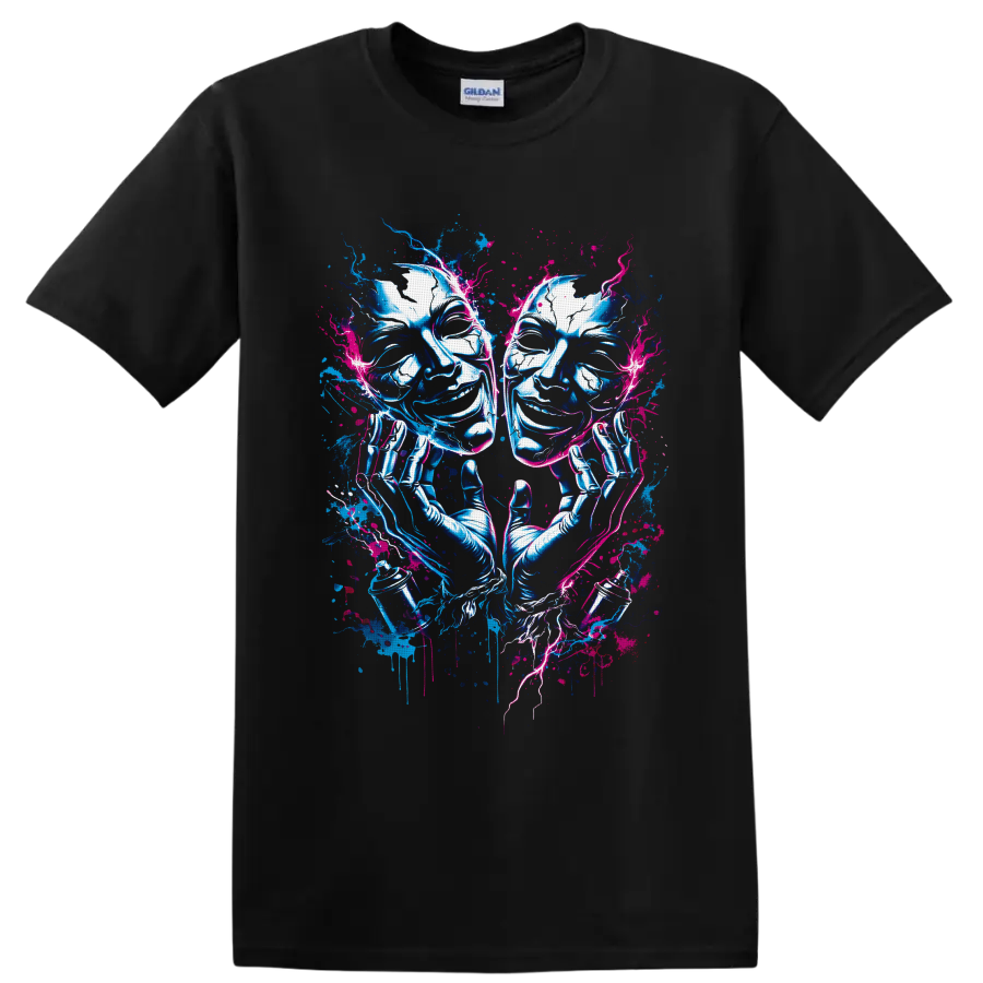 Comedy and tragedy theater masks with gloved hands in neon blue and pink graffiti art on a Black T Shirt