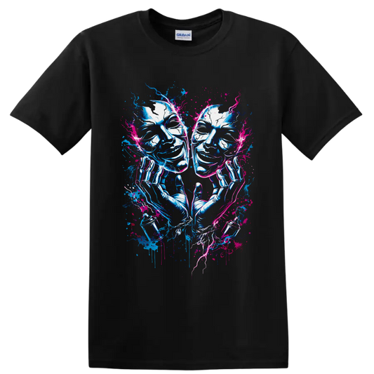 Comedy and tragedy theater masks with gloved hands in neon blue and pink graffiti art on a Black T Shirt