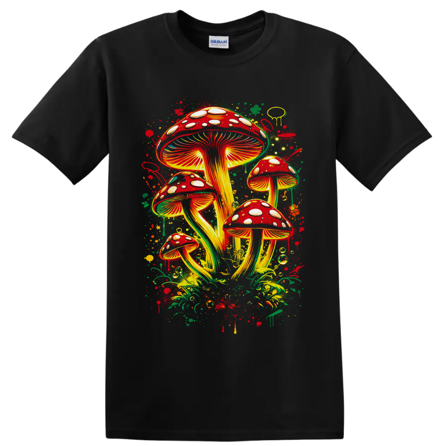 Psychedelic red spotted mushroom cluster with golden gills and forest splatters on a Black T Shirt