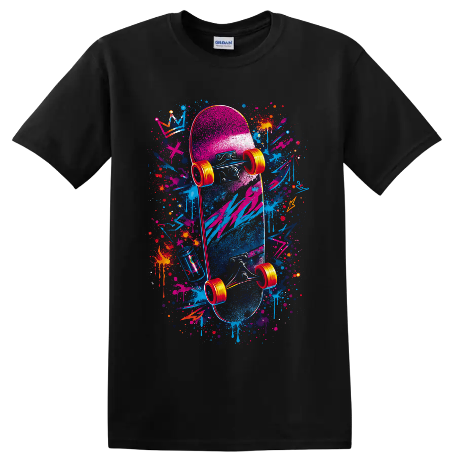 Neon graffiti-style skateboard graphic with paint splatters, drips, and bright wheels on a Black T Shirt