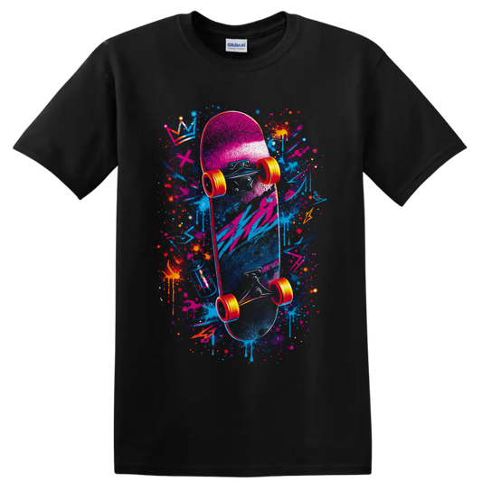 Neon graffiti-style skateboard graphic with paint splatters, drips, and bright wheels on a Black T Shirt