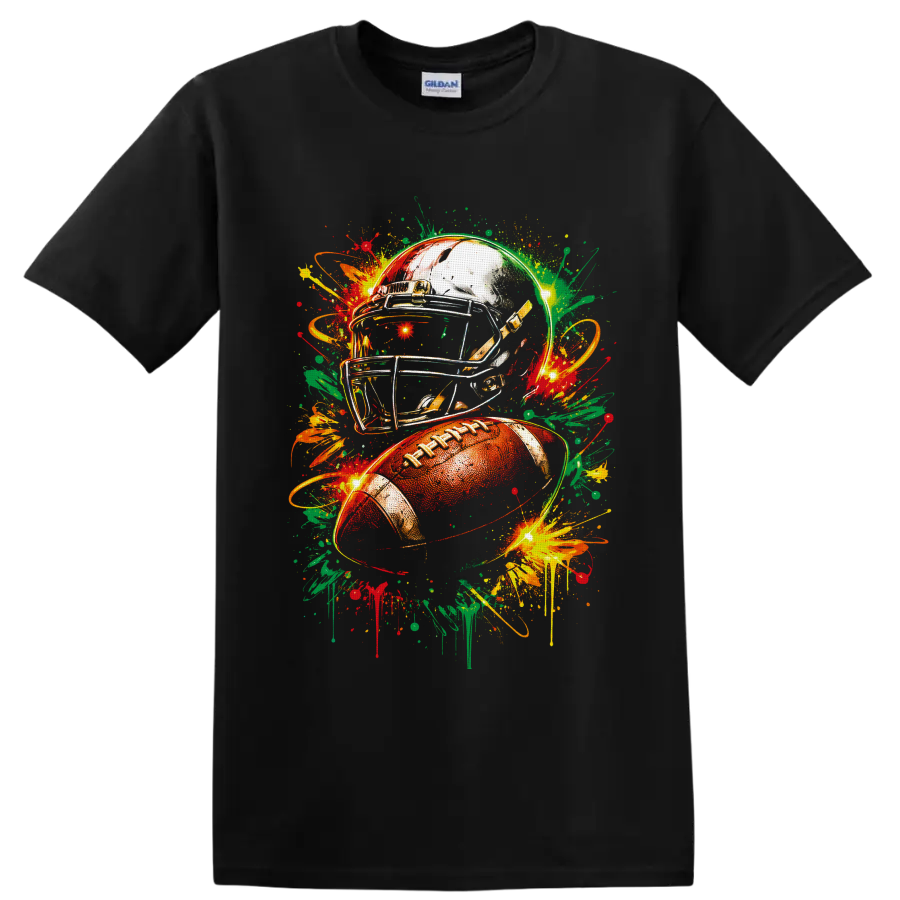 Football helmet and ball with vibrant graffiti-style paint splashes on a Black T Shirt