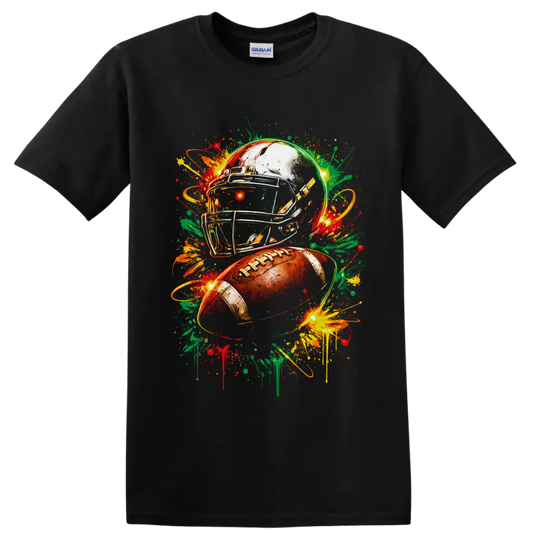 Football helmet and ball with vibrant graffiti-style paint splashes on a Black T Shirt