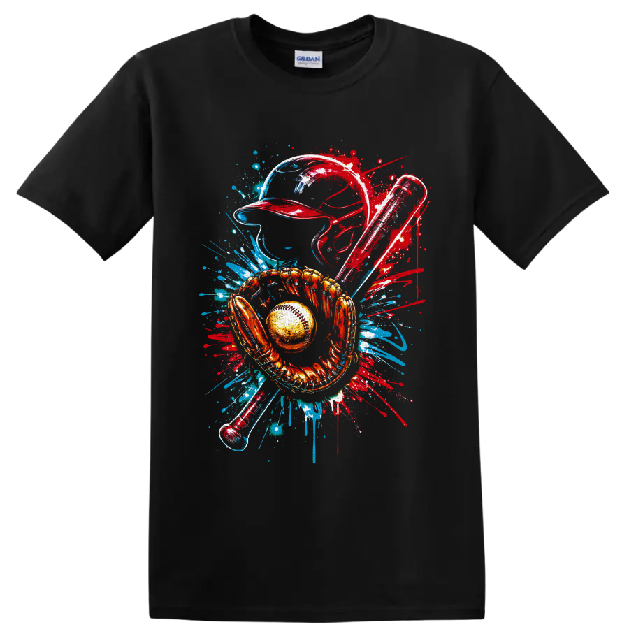 Baseball catcher helmet, mitt, ball and bats in red and blue graffiti splash art on a Black T Shirt