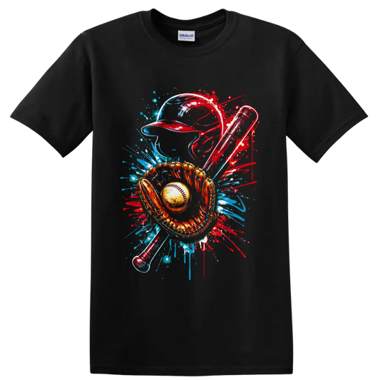 Baseball catcher helmet, mitt, ball and bats in red and blue graffiti splash art on a Black T Shirt