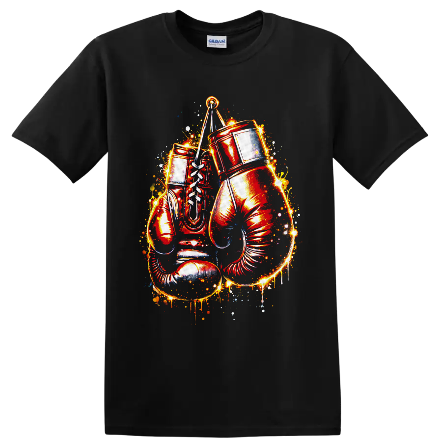 Fiery drum set with cymbal, drumsticks, sparks, and paint splatter graphic on a Black T Shirt