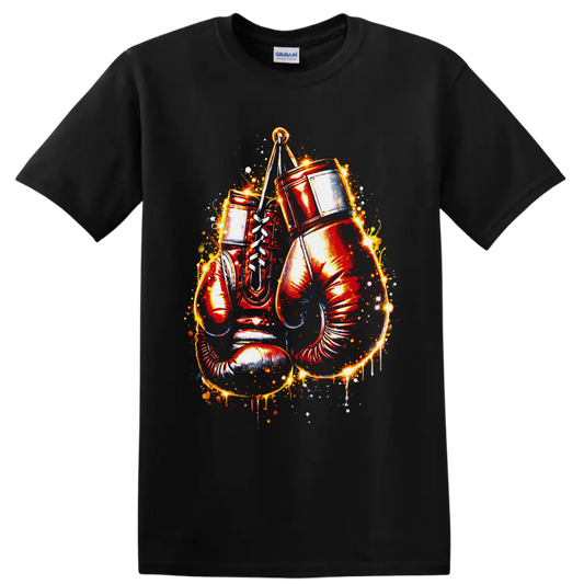Fiery drum set with cymbal, drumsticks, sparks, and paint splatter graphic on a Black T Shirt