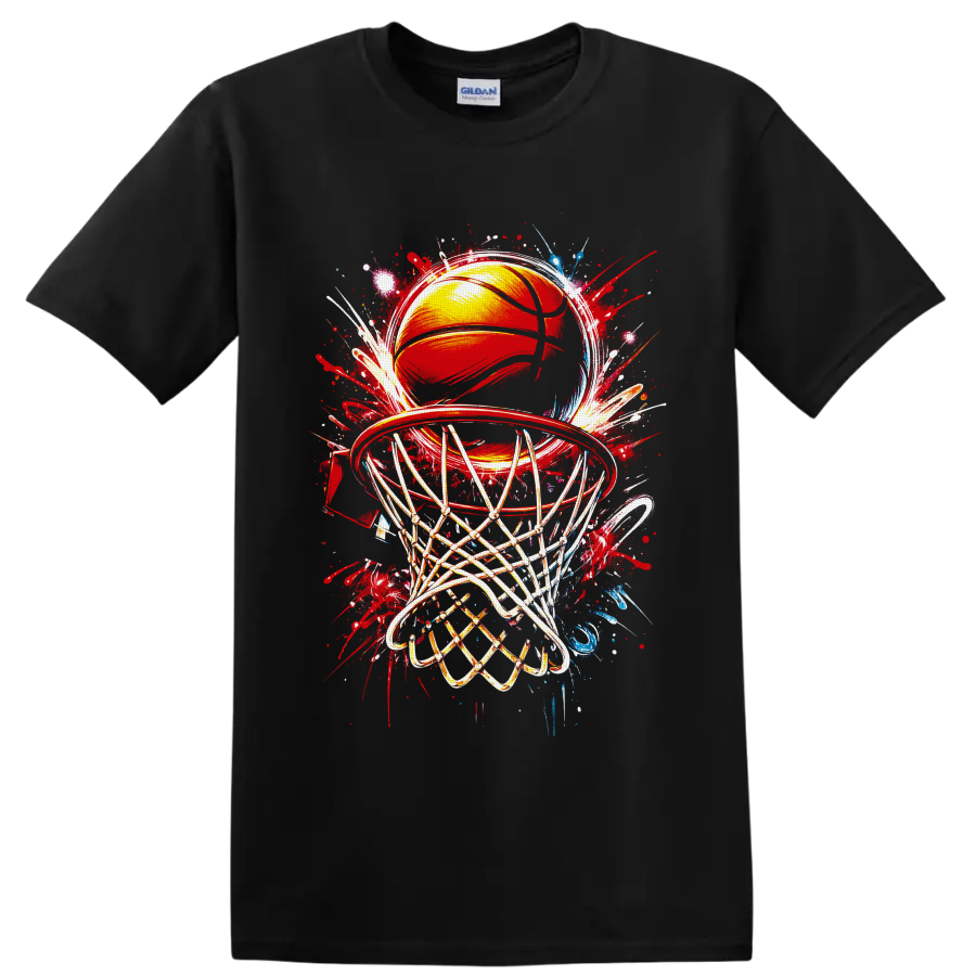 Basketball hoop and ball with net in colorful graffiti splash art on a Black T Shirt