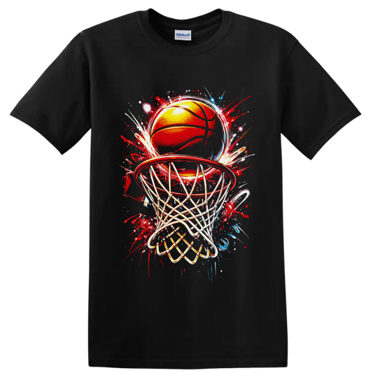 Basketball hoop and ball with net in colorful graffiti splash art on a Black T Shirt