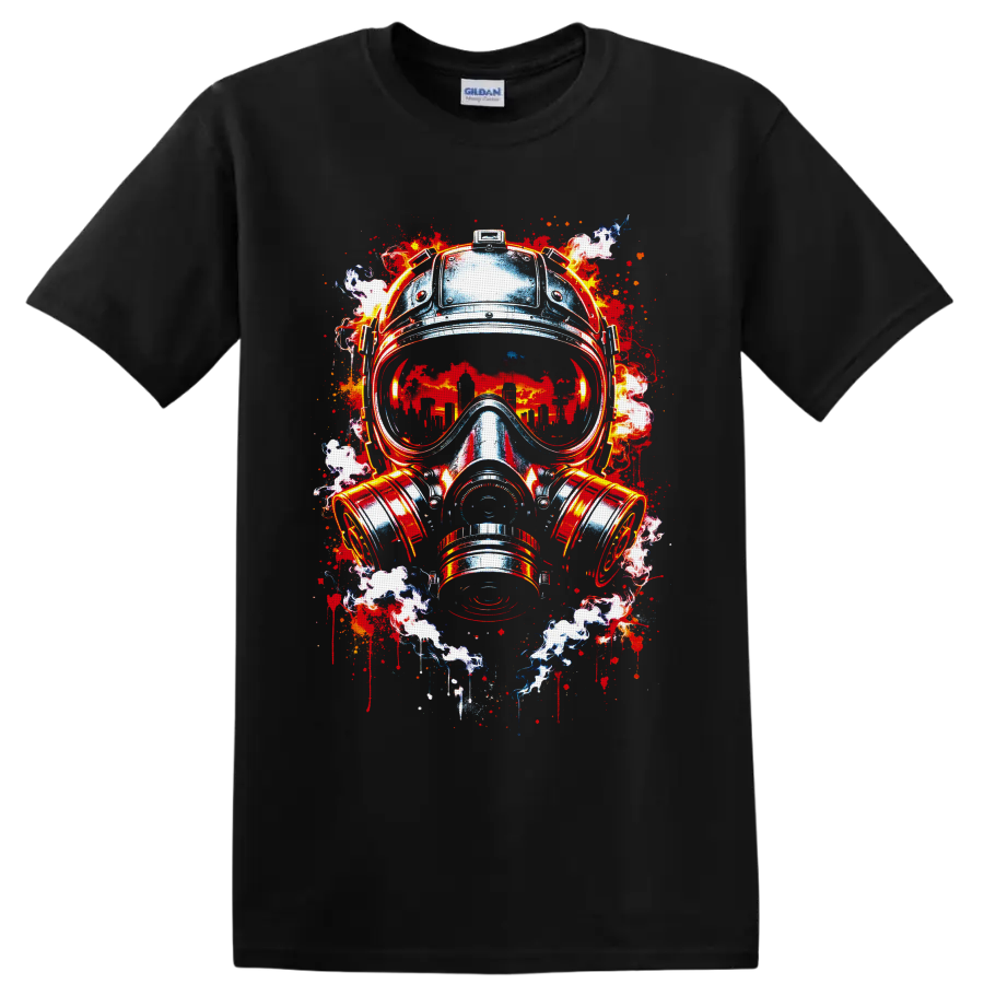 Dystopian gas mask illustration with burning city skyline, flames, smoke, and paint on a Black T Shirt