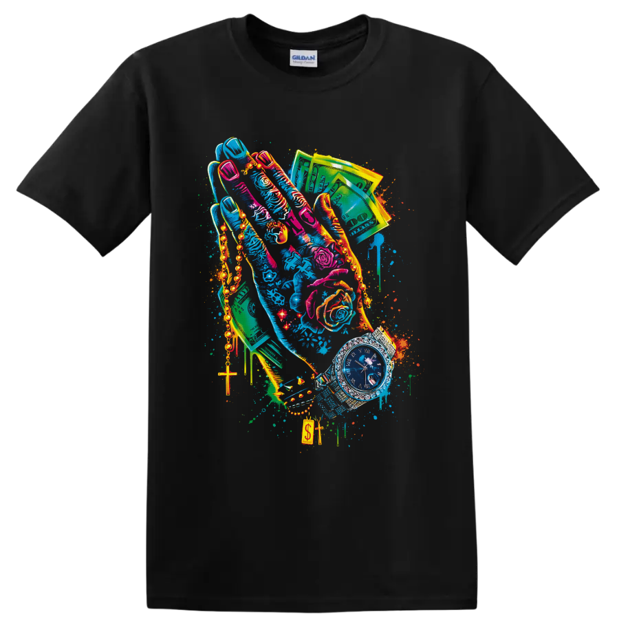 Colorful urban collage of high-top sneakers, cash, chains, roses, cross pendant, and watch on a Black T Shirt