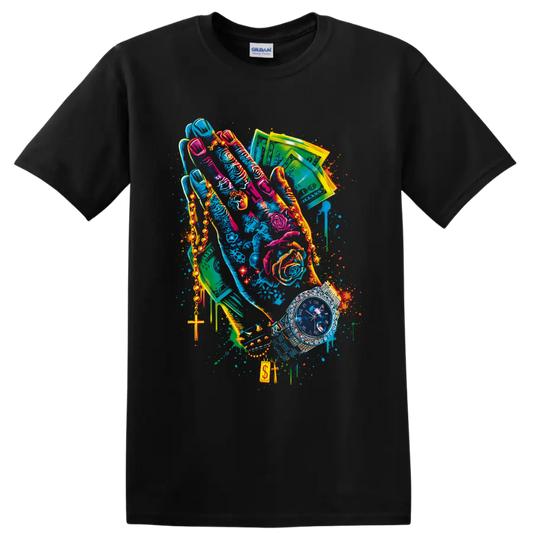 Colorful urban collage of high-top sneakers, cash, chains, roses, cross pendant, and watch on a Black T Shirt