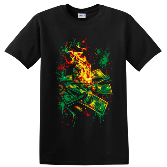 Burning dollar bills with flames and red-green graffiti paint splatters on a Black T Shirt