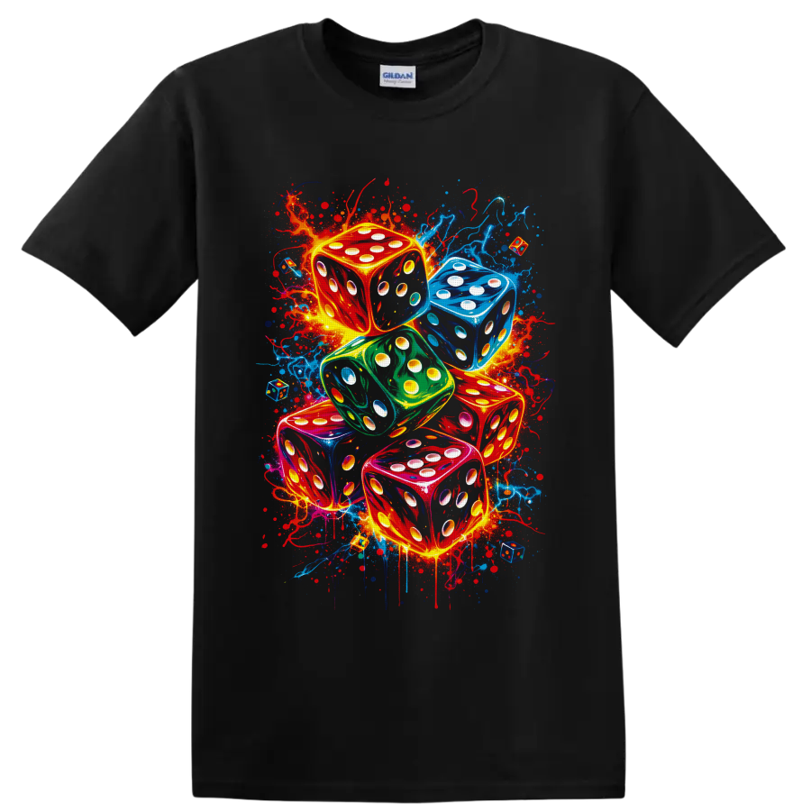Colorful stacked dice in neon graffiti style with glowing pips and paint splatters on a Black T Shirt