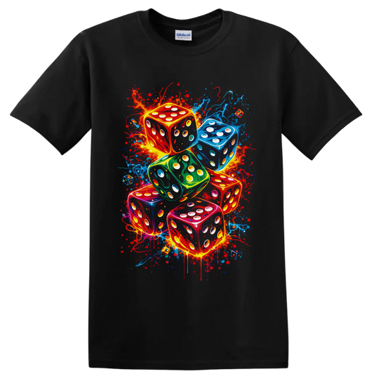 Colorful stacked dice in neon graffiti style with glowing pips and paint splatters on a Black T Shirt