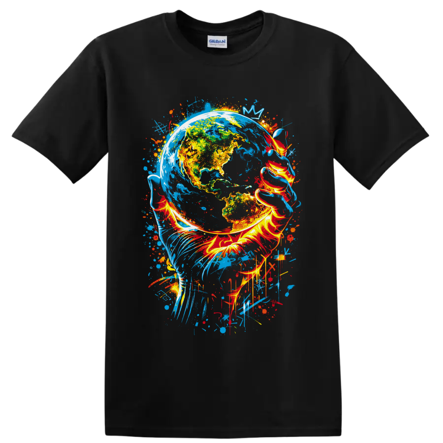 Colorful Earth globe graffiti art with fiery ribbons, blue paint splashes, and drips on a Black T Shirt