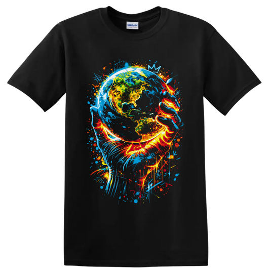 Colorful Earth globe graffiti art with fiery ribbons, blue paint splashes, and drips on a Black T Shirt