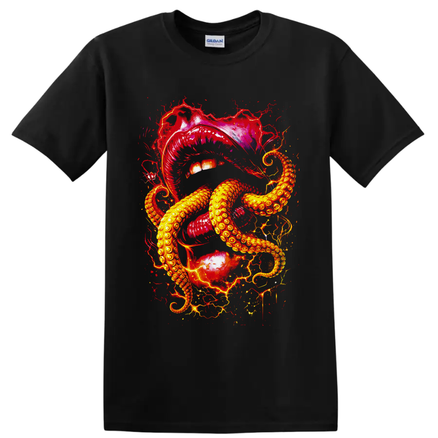 Surreal crimson lips with golden octopus tentacles in gothic splatter art on a Black T Shirt