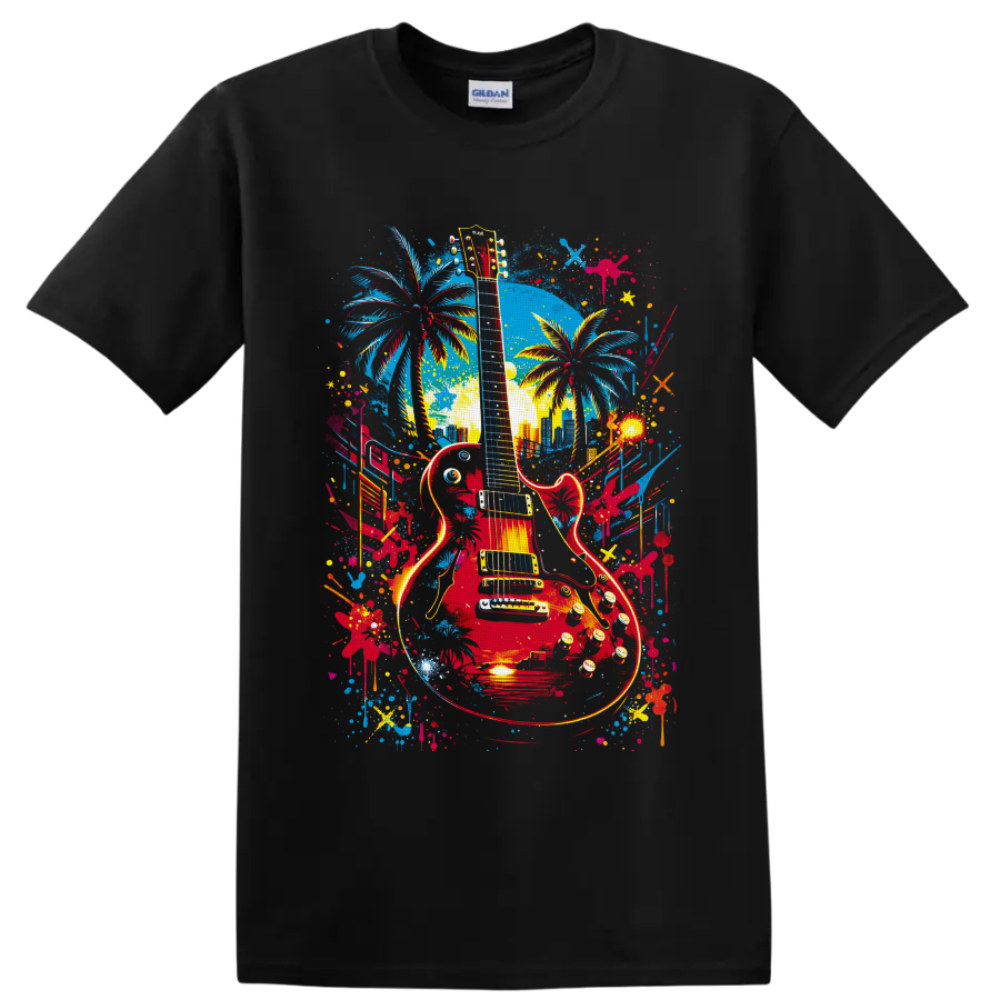 Red electric guitar with palm trees, skyline, and colorful graffiti paint splashes on a Black T Shirt