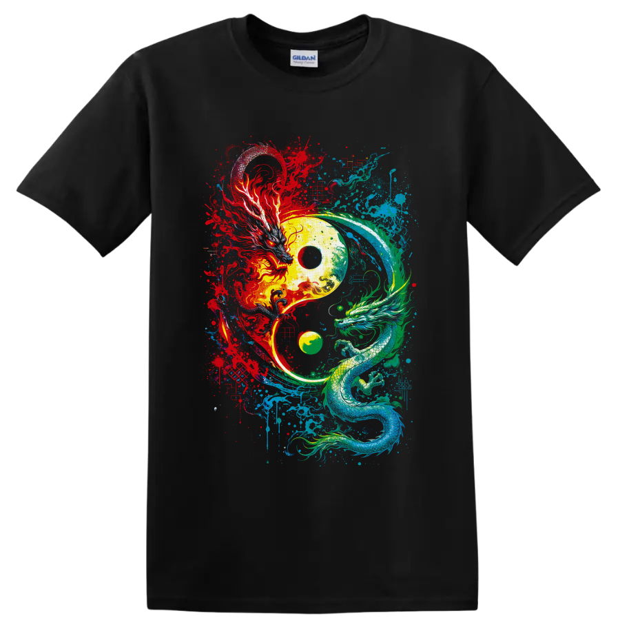 Yin yang with red phoenix and teal dragon in vibrant splatter art on a Black T Shirt
