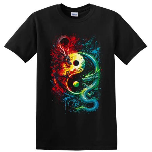 Yin yang with red phoenix and teal dragon in vibrant splatter art on a Black T Shirt