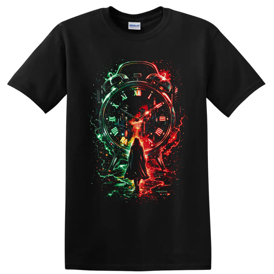 Surreal neon alarm clock and futuristic city with a woman silhouette on a Black T Shirt