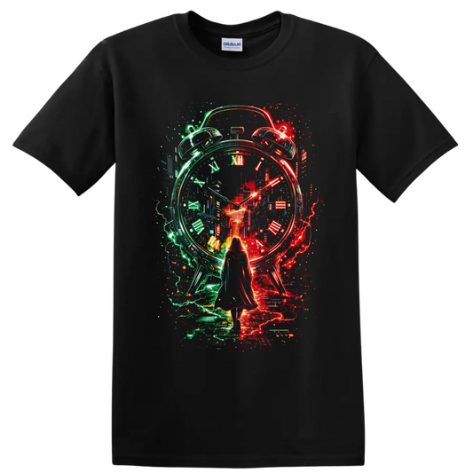 Surreal neon alarm clock and futuristic city with a woman silhouette on a Black T Shirt