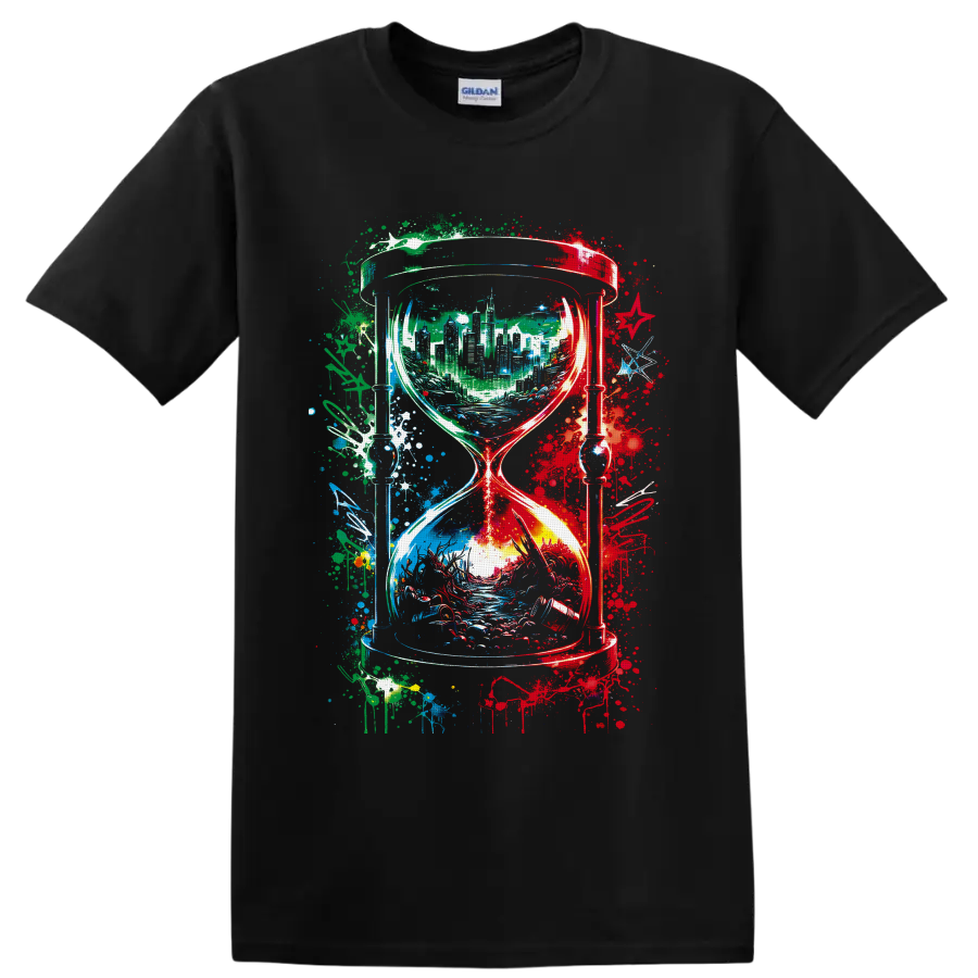 Abstract hourglass with city skyline, flowing landscape, and colorful paint splatters on a Black T Shirt