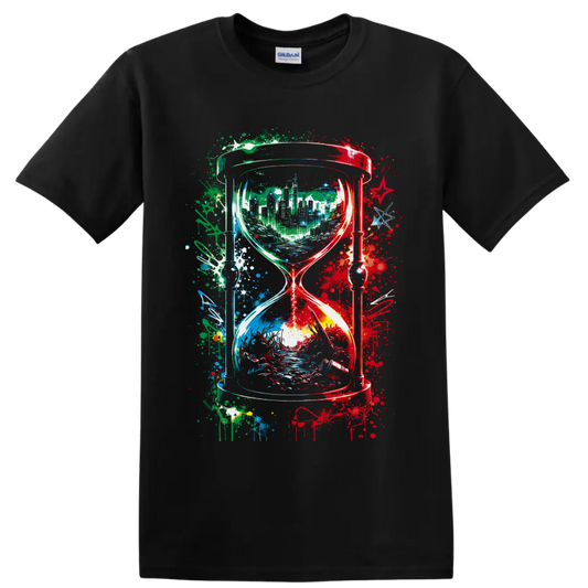 Abstract hourglass with city skyline, flowing landscape, and colorful paint splatters on a Black T Shirt