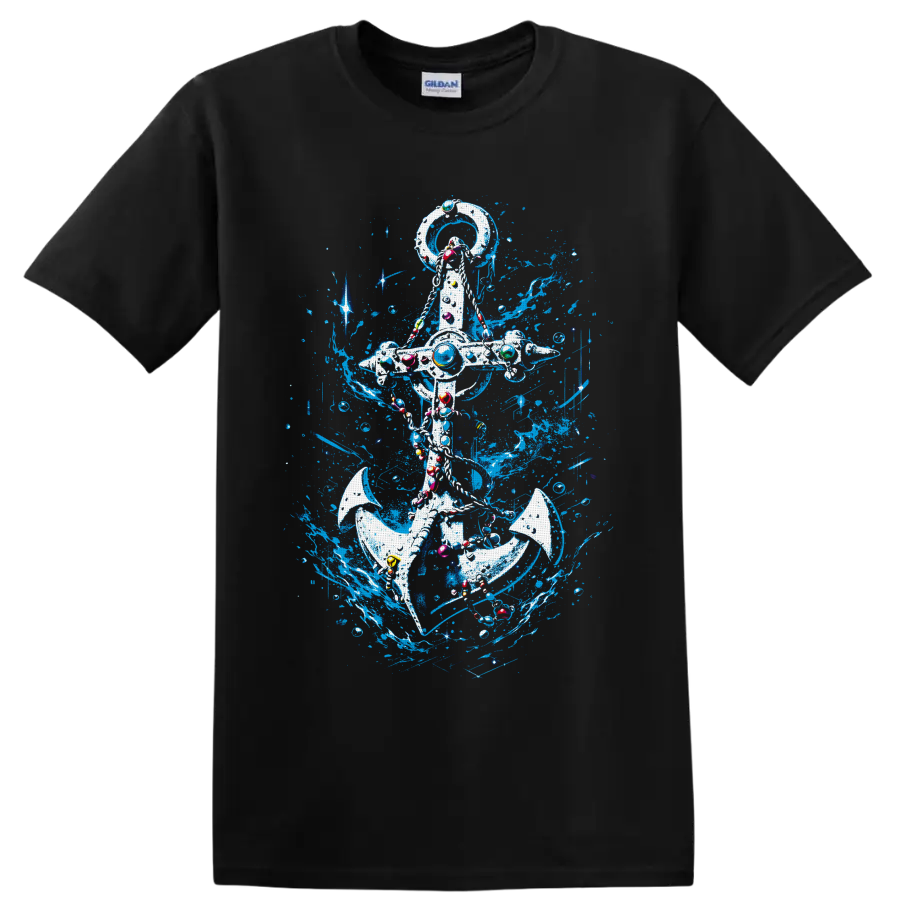 Ornate nautical anchor with electric-blue ocean splashes, bubbles, and colorful accents on a Black T Shirt