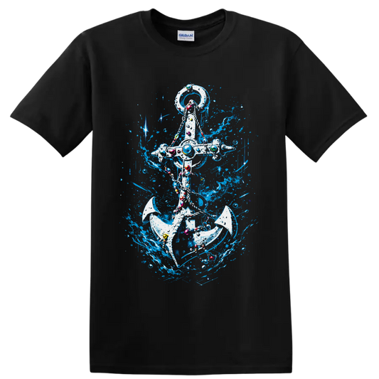 Ornate nautical anchor with electric-blue ocean splashes, bubbles, and colorful accents on a Black T Shirt
