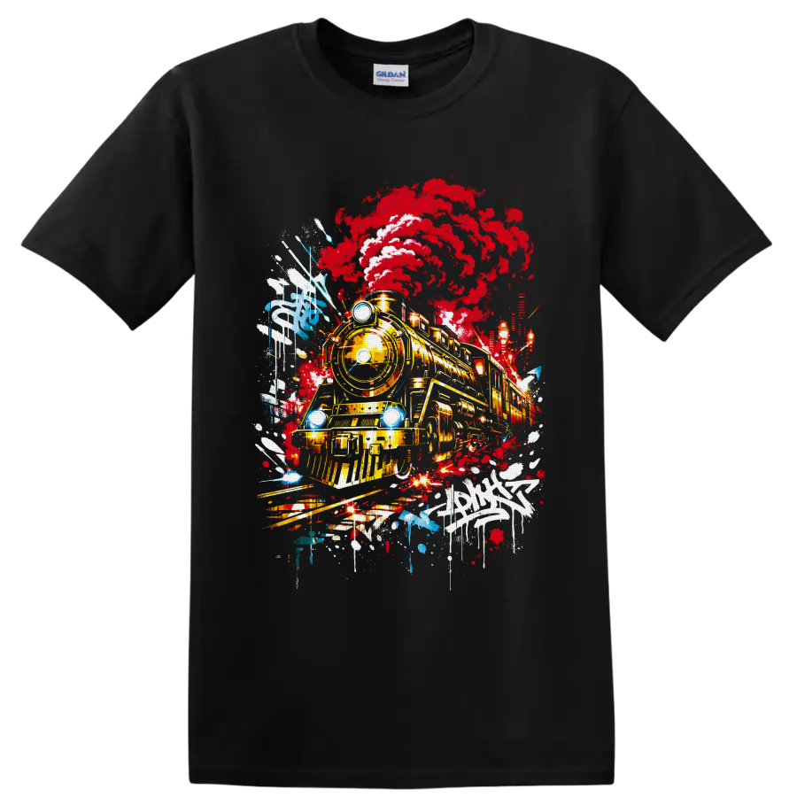 Steam locomotive with red smoke in vivid graffiti-style railroad artwork on a Black T Shirt