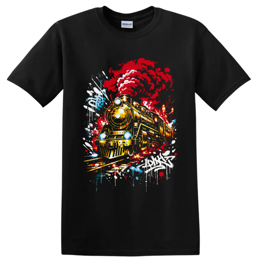 Steam locomotive with red smoke in vivid graffiti-style railroad artwork on a Black T Shirt