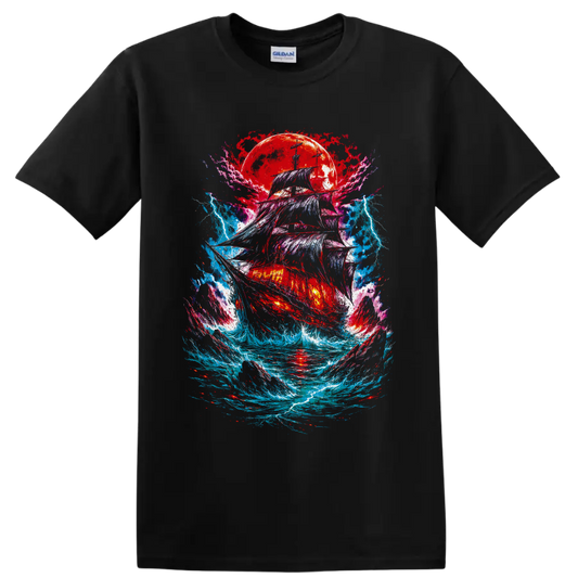 Gothic fantasy pirate ship in storm waves beneath a crimson moon and lightning on a Black T Shirt