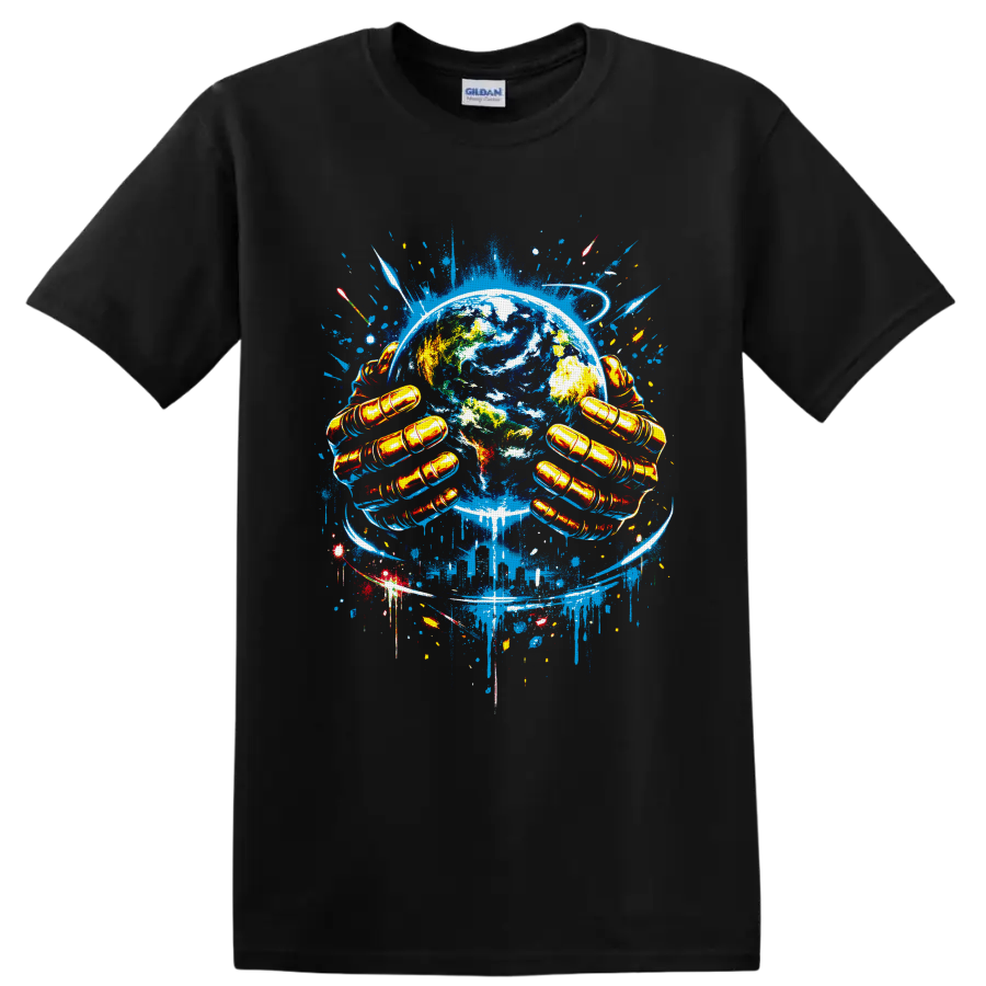 Graffiti-style Earth artwork with golden gloved hands, rockets, and blue orbit trails on a Black T Shirt