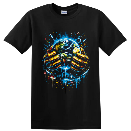 Graffiti-style Earth artwork with golden gloved hands, rockets, and blue orbit trails on a Black T Shirt