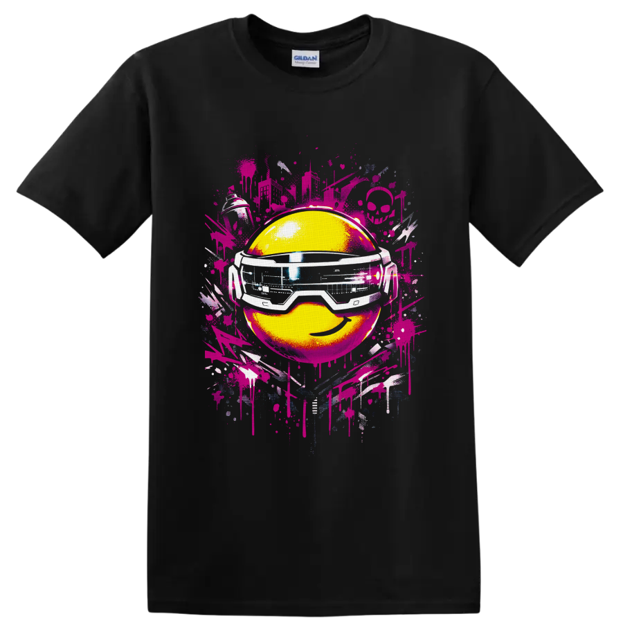 Yellow smiley face in futuristic goggles with pink graffiti splatters on a Black T Shirt