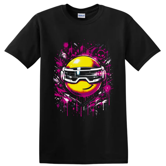 Yellow smiley face in futuristic goggles with pink graffiti splatters on a Black T Shirt