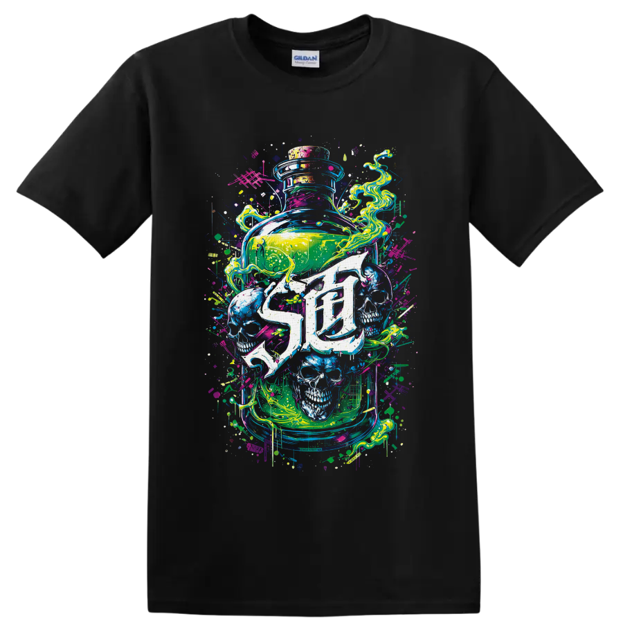 Neon graffiti glass jar with skulls, swirling smoke, splatters, and drips on a Black T Shirt