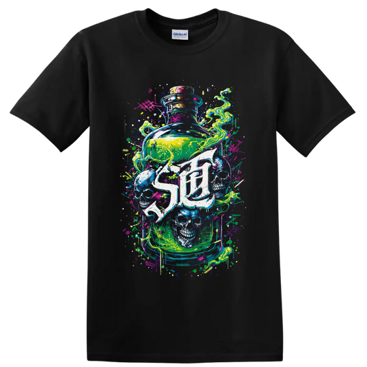 Neon graffiti glass jar with skulls, swirling smoke, splatters, and drips on a Black T Shirt
