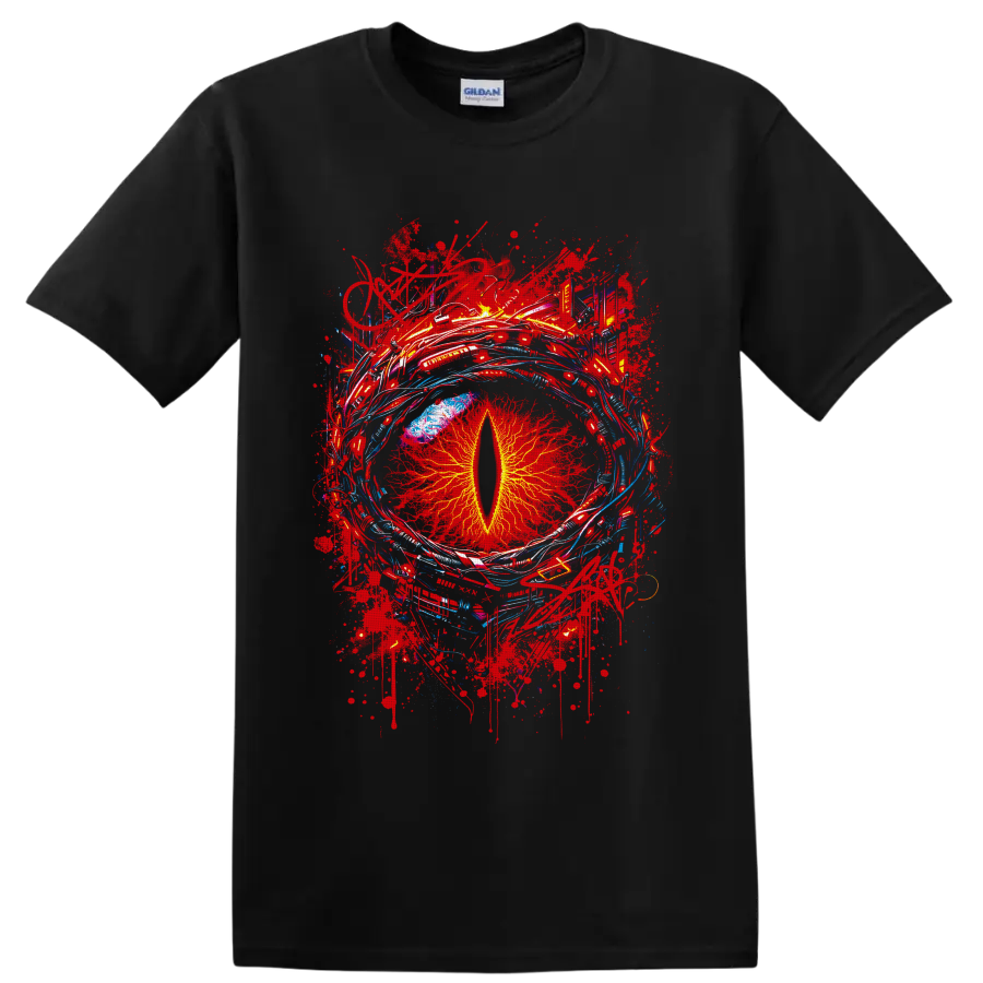 Fiery dragon eye with yellow slit pupil, red splatters, and blue abstract arcs on a Black T Shirt