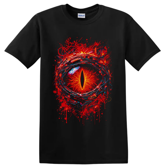 Fiery dragon eye with yellow slit pupil, red splatters, and blue abstract arcs on a Black T Shirt