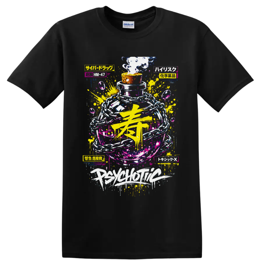 Psychedelic smoke bottle with chains, neon paint splashes, and graffiti-style lettering on a Black T Shirt