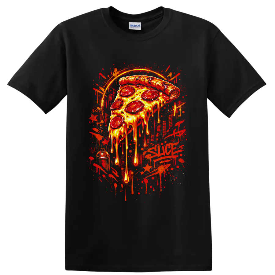 Dripping pepperoni pizza slice in fiery graffiti street art style on a Black T Shirt