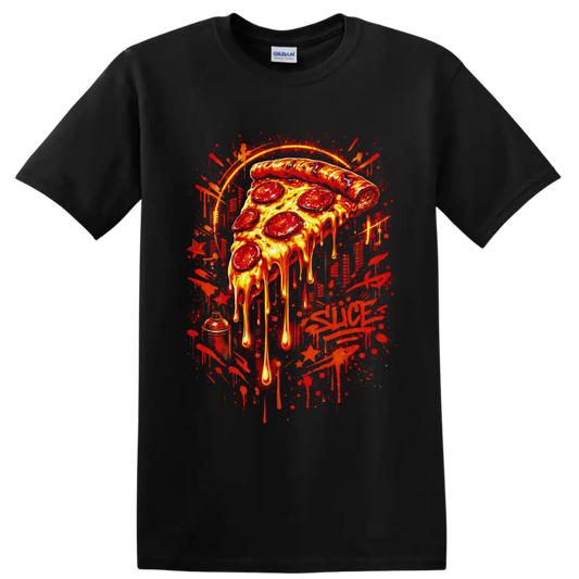 Dripping pepperoni pizza slice in fiery graffiti street art style on a Black T Shirt