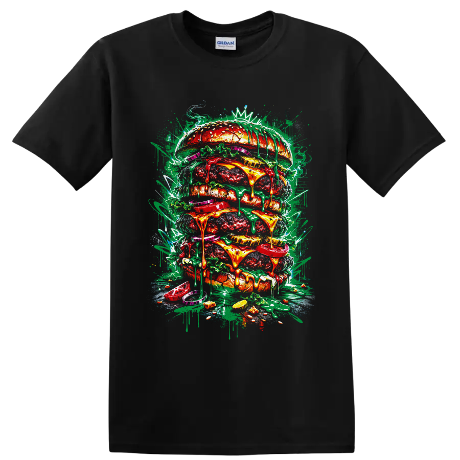 Graffiti-style giant stacked burger with dripping cheese, toppings, paint splatters, and on a Black T Shirt