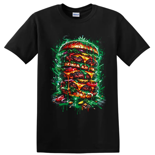 Graffiti-style giant stacked burger with dripping cheese, toppings, paint splatters, and on a Black T Shirt