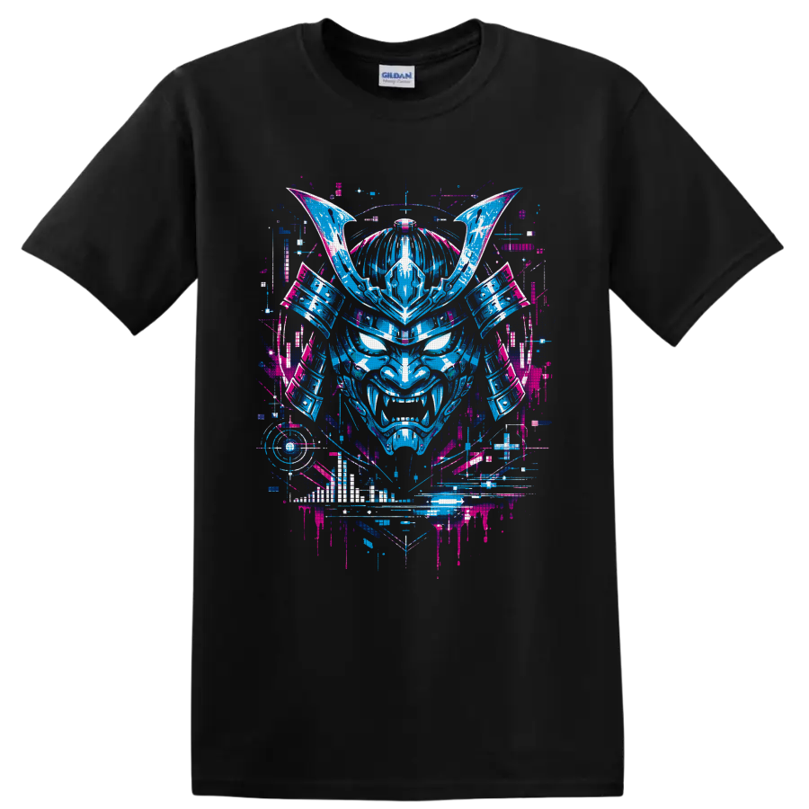 Neon cyberpunk oni mask with samurai armor, horns, fangs, and glitch-art details on a Black T Shirt