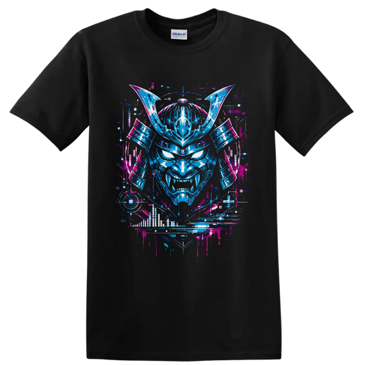 Neon cyberpunk oni mask with samurai armor, horns, fangs, and glitch-art details on a Black T Shirt